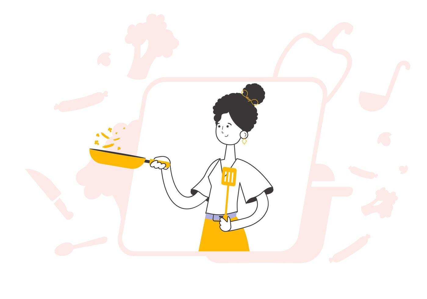 The girl the cook holds a frying pan. Linear modern style. vector