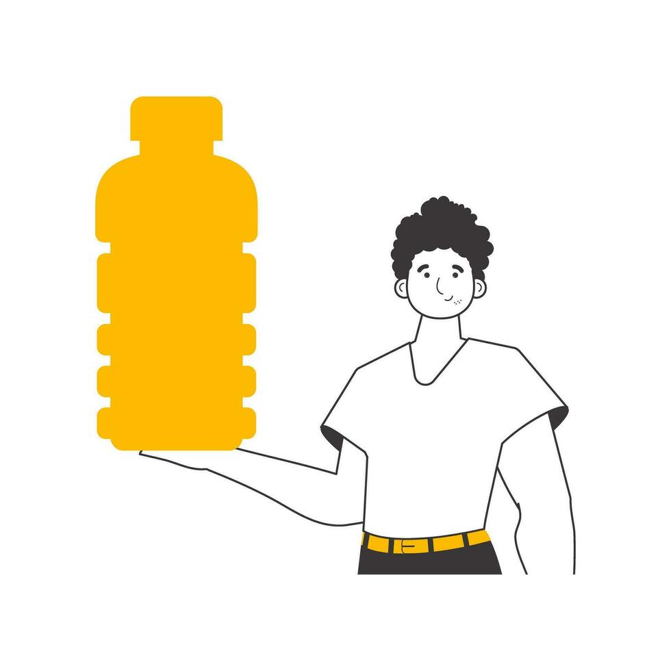 The man is holding a bottle in his hand. Linear style. Isolated on white background. Vector illustration.