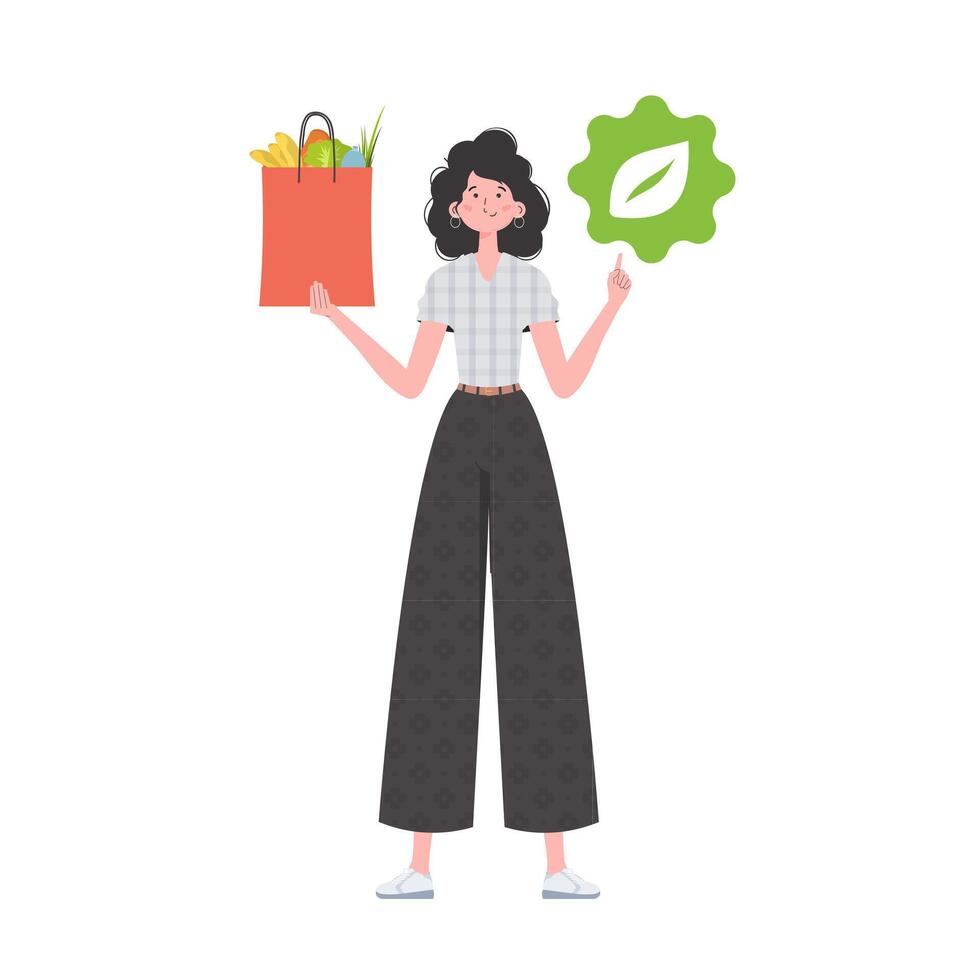 The woman is depicted in full growth and holds a bag of healthy food in her hands and shows the EKO icon. Isolated on white background. Flat trendy style. . vector
