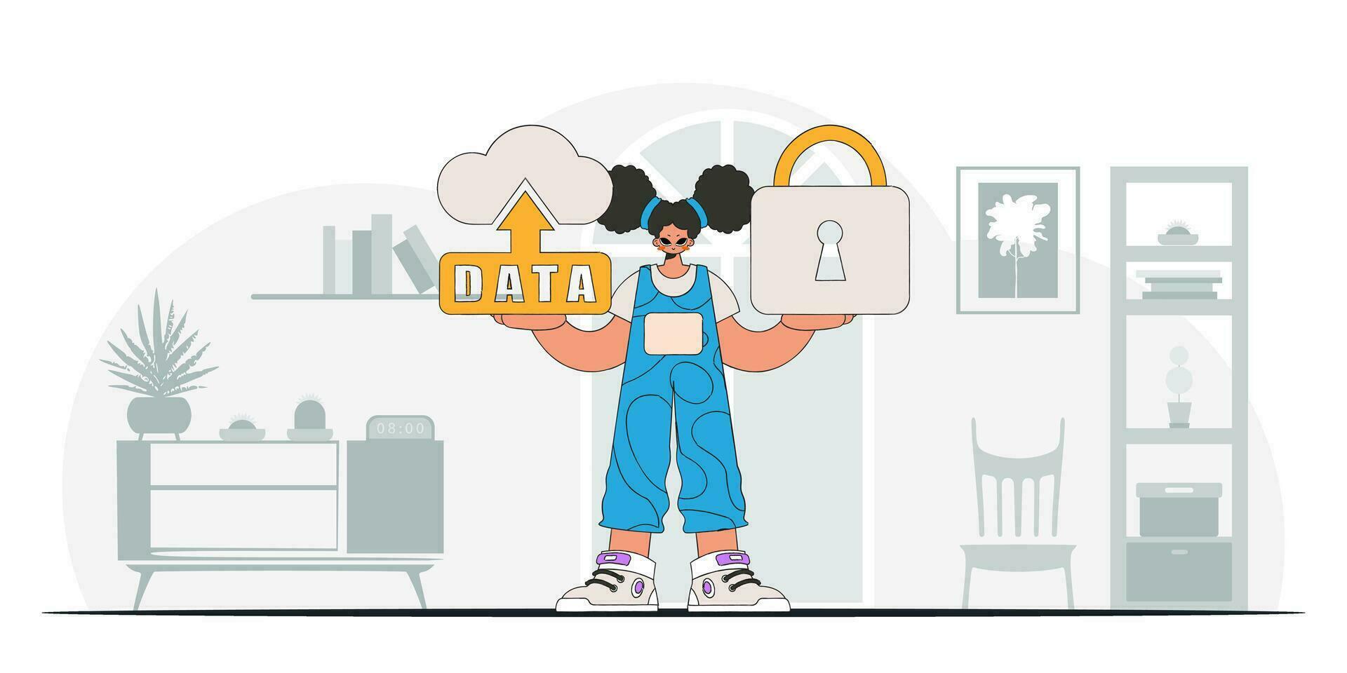 Girl using modern tech, with cloud storage and a padlock icon, presented in a vector character style.