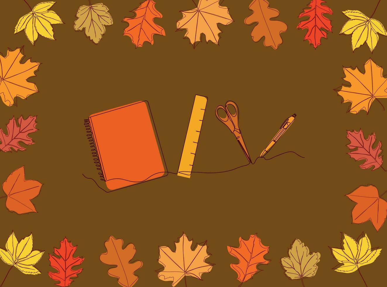 School supplies are drawn in one line on a background with autumn leaves. Back to school. Vector