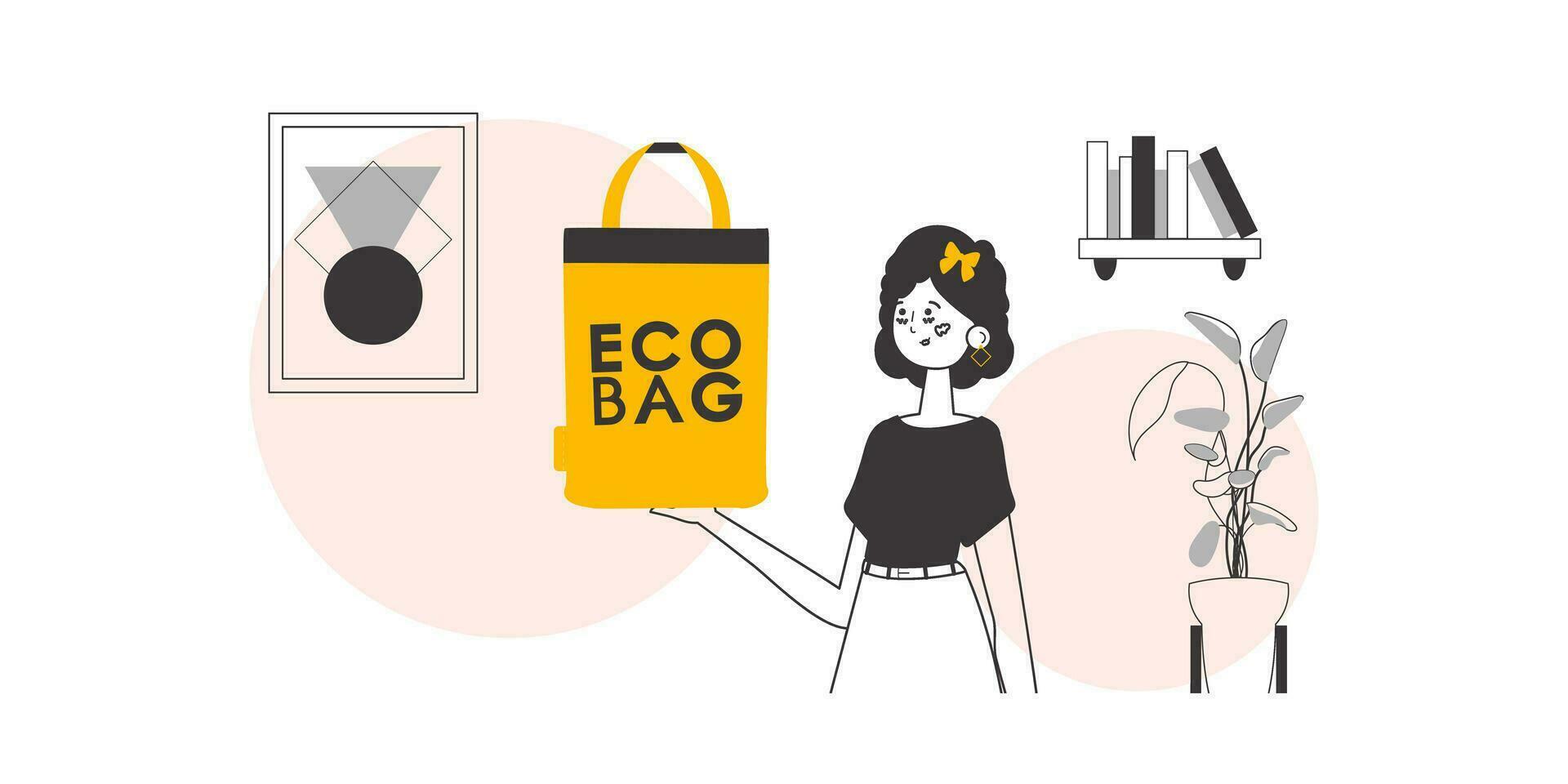 The concept of ecological bags and plastic. A woman holds an eco-package in her hands. Linear trendy style. vector