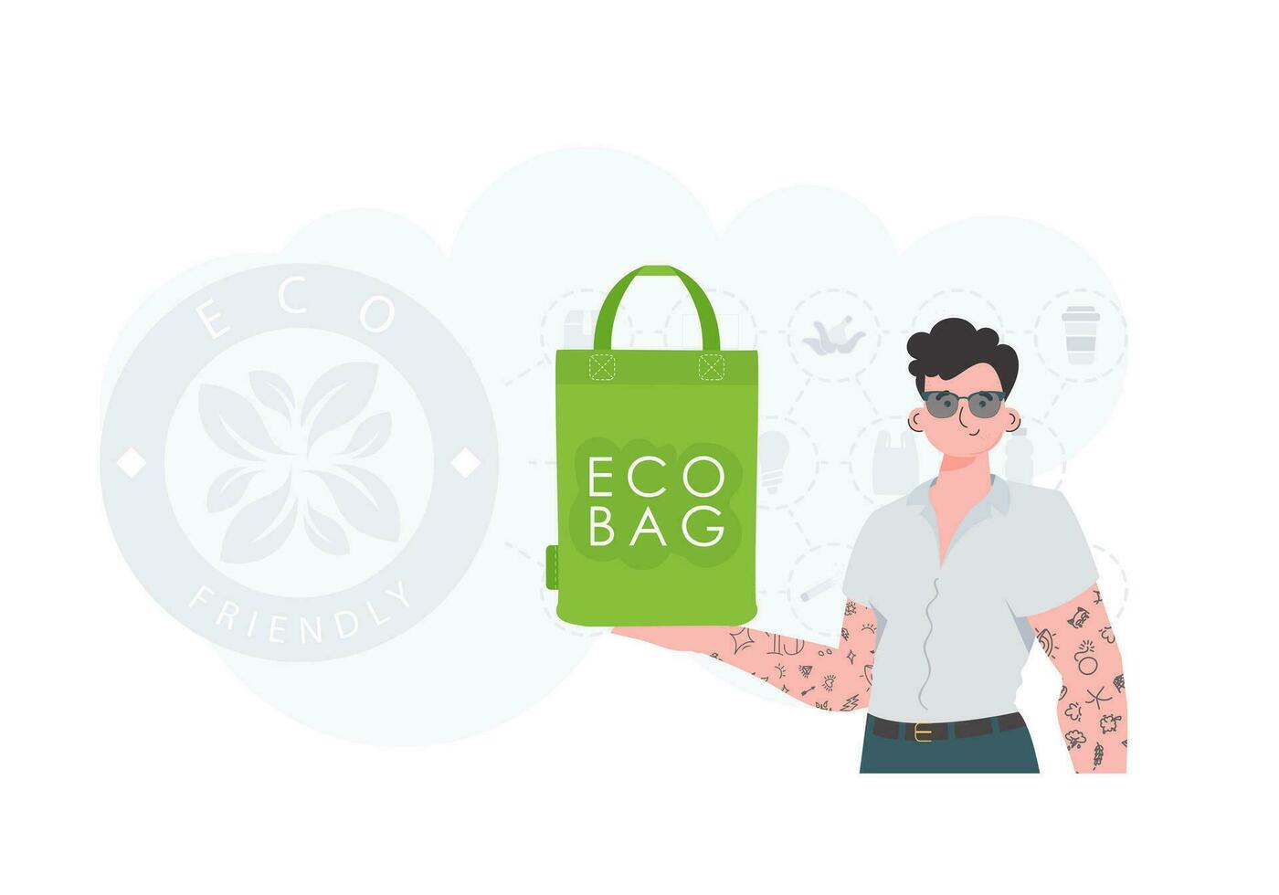 Concept of green world and ecology. A man holds an ECO BAG in his hands. Fashion trend illustration in Vector. vector
