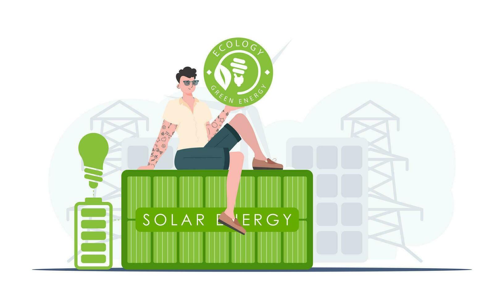 The concept of green energy and ecology. A man sits on a solar panel and holds the ECO logo in his hands. Fashionable, trendy style. Vector. vector