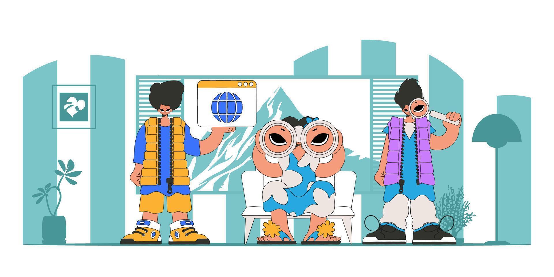 A group of people help find information on the Internet. Material for educational content. vector