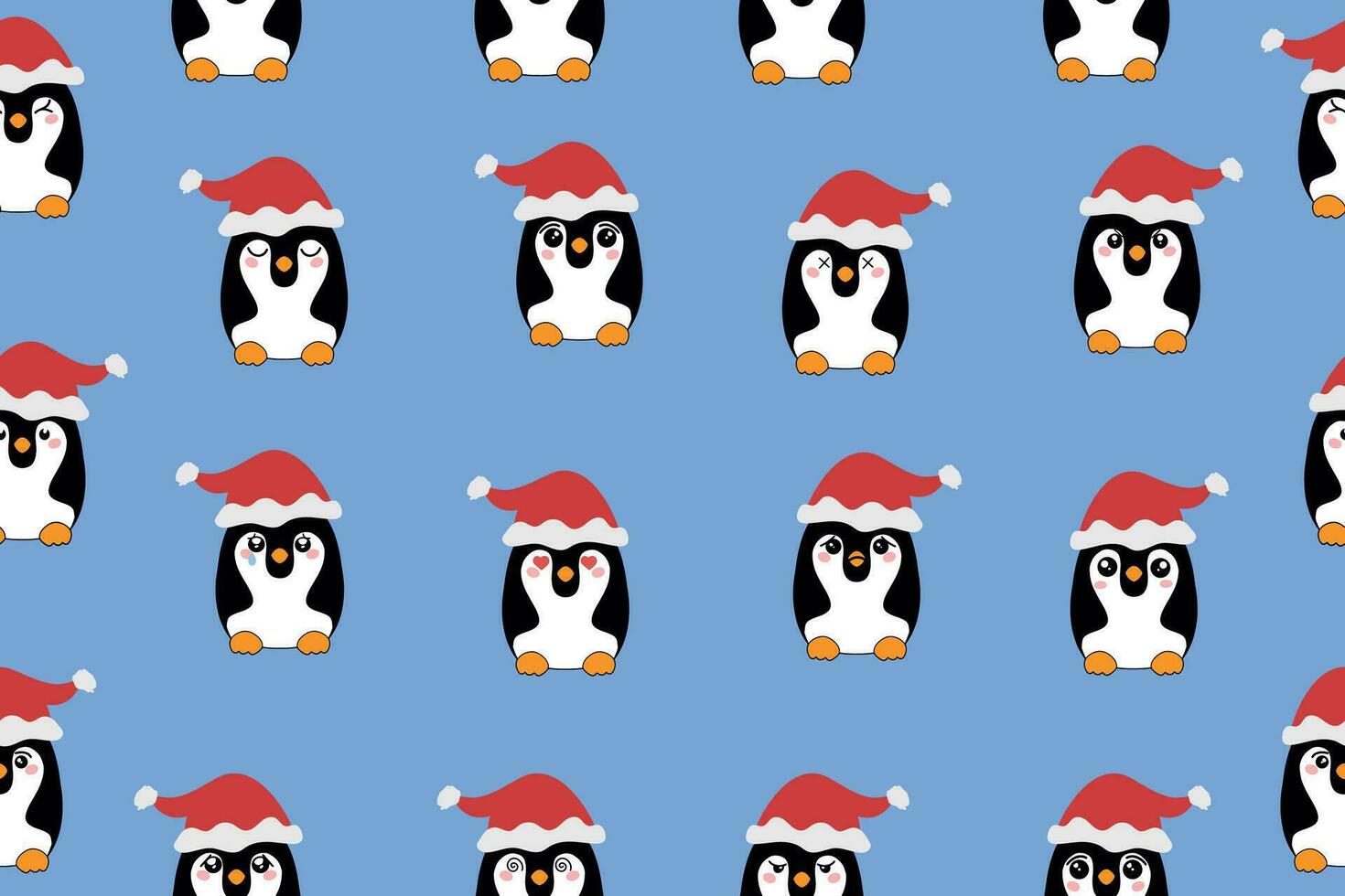 Christmas cute little penguins in Santa's hat. Christmas cute animal cartoon character. Vector