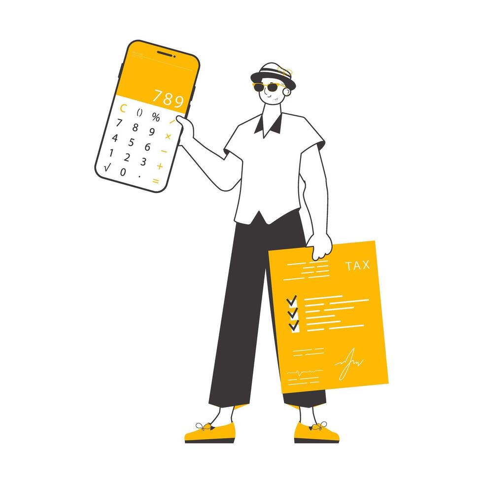 A man holds a calculator and a tax form in his hands. Linear trendy style. Isolated. Vector illustration.