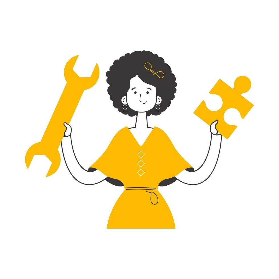 A woman is holding a wrench and a puzzle. Teamwork theme. Linear trendy style. Isolated. Vector. vector