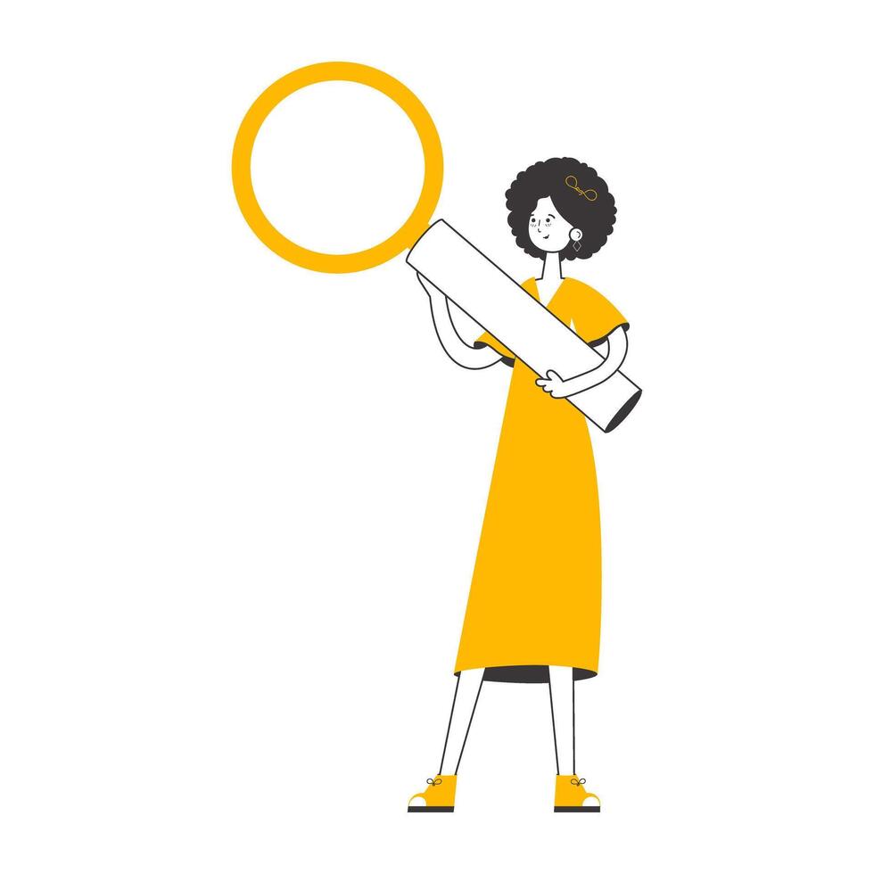 The woman is holding a magnifying glass in her hands. Minimalistic linear style. Isolated. Vector illustration.