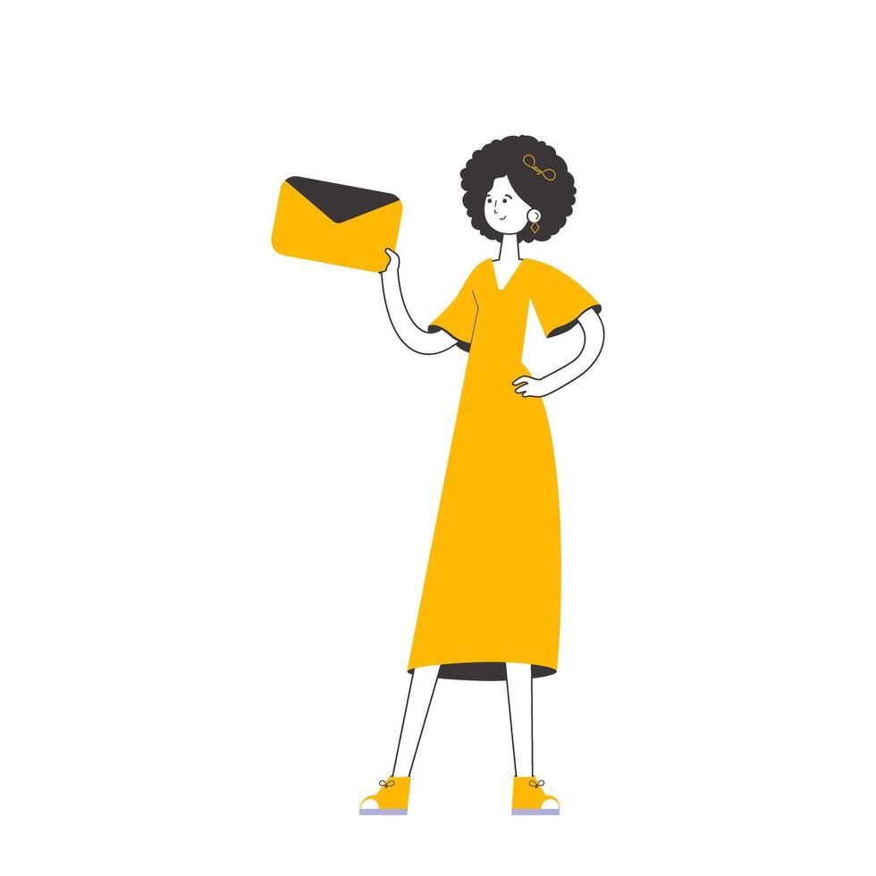 The girl is holding an envelope or a letter in her hands. Line art style. Isolated on white background. illustration. vector