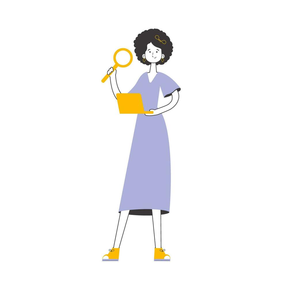 A woman holds a magnifying glass and a laptop in her hands. Job Search Theme. H.R. Linear style. Isolated. Vector. vector