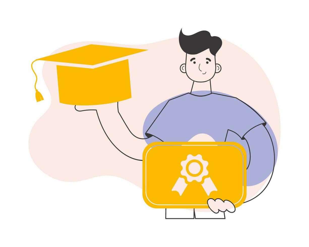 The student guy is holding a diploma. Line art style. Vector. vector