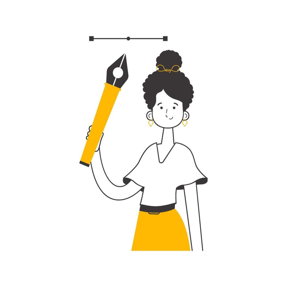 The girl designer holds a pen tool for 2D graphics in her hand. Linear trendy style. Isolated on white background. illustration. vector