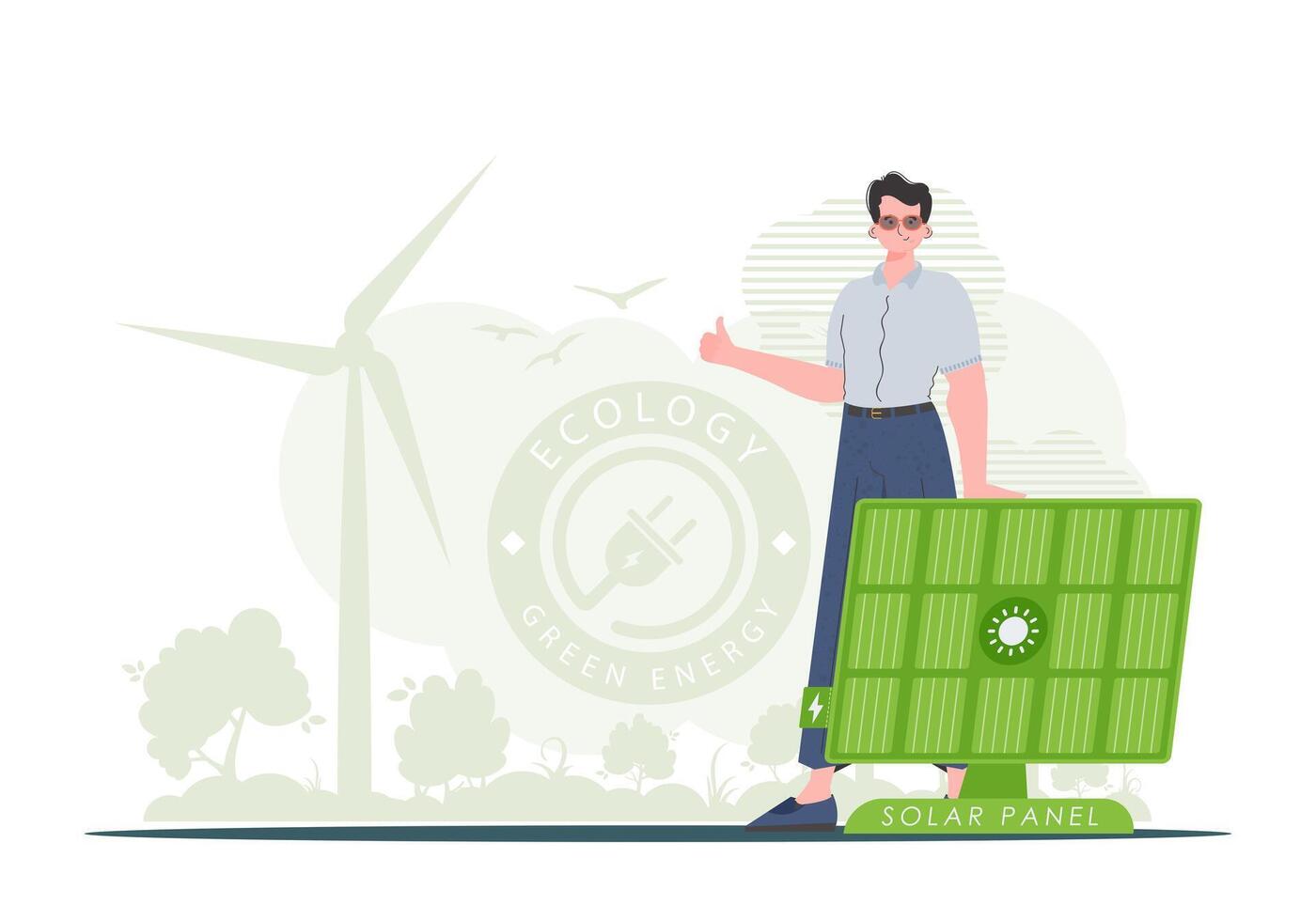 Eco energy concept. A man stands near a solar panel. . trendy style. vector