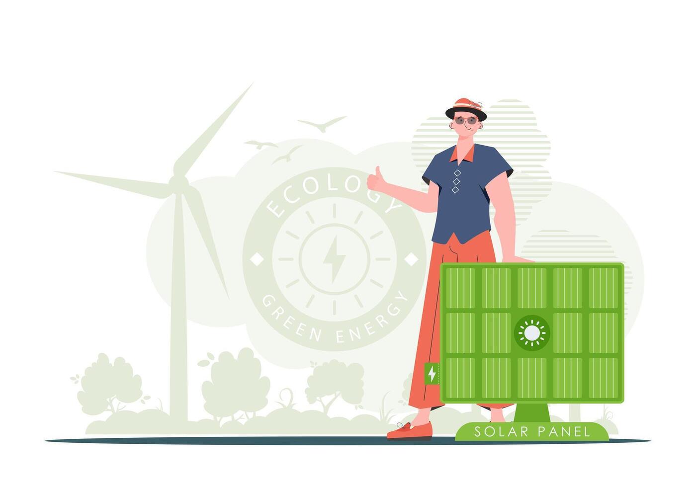 Eco energy concept. A man stands near a solar panel. illustration. vector
