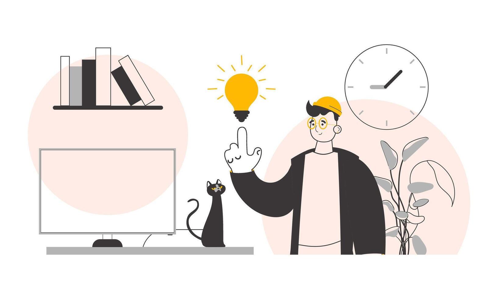 Man and light bulb. Idea concept. illustration. Line art style. vector