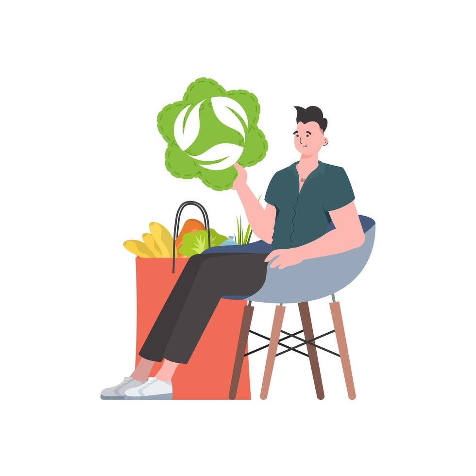 The guy sits next to a bag of healthy food and reposts the EKO icon. Isolated. Flat trendy style. Vector. vector