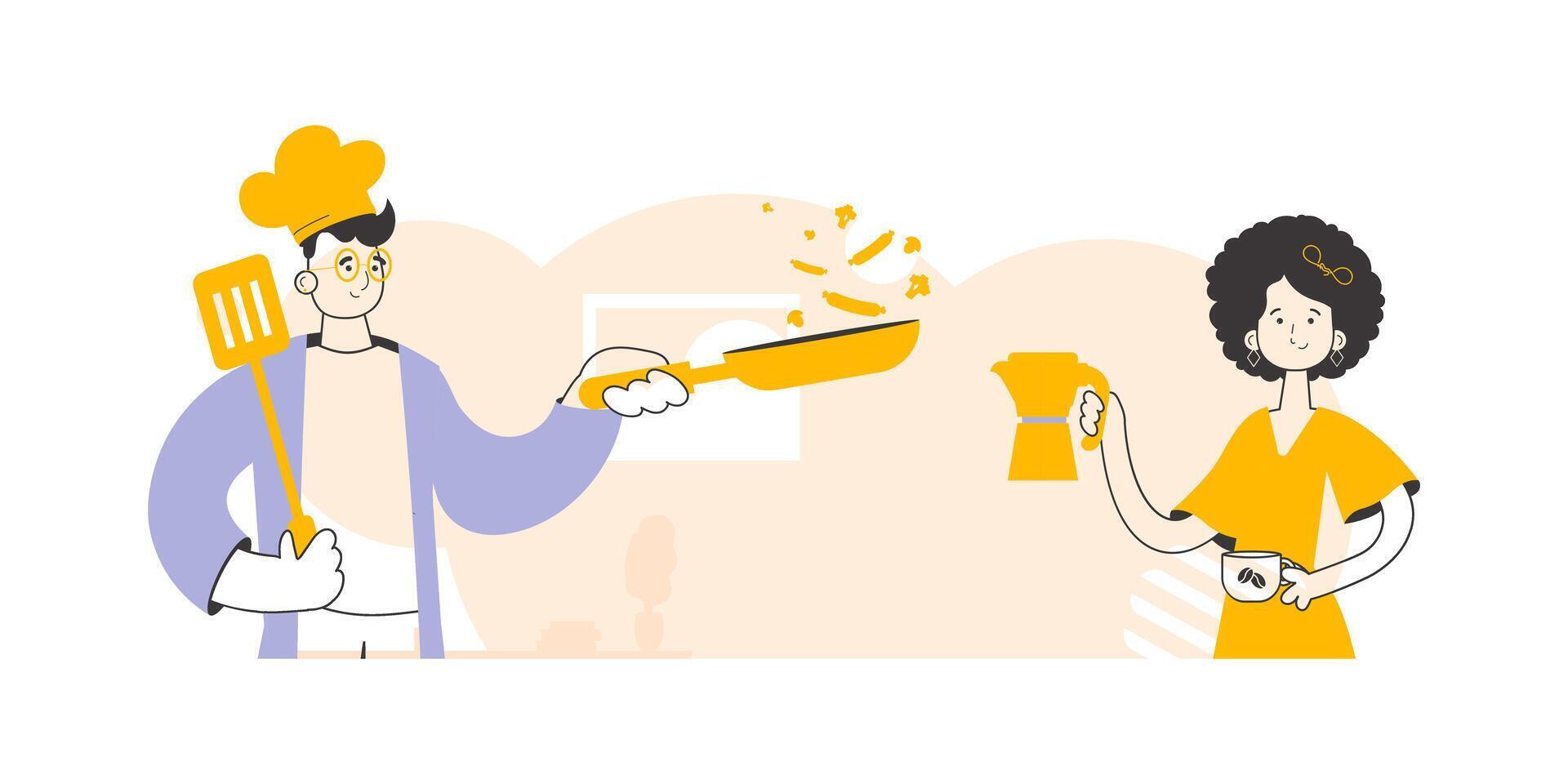 Cafe or restaurant workers. Chef and barista. Trendy linear style. Vector illustration.