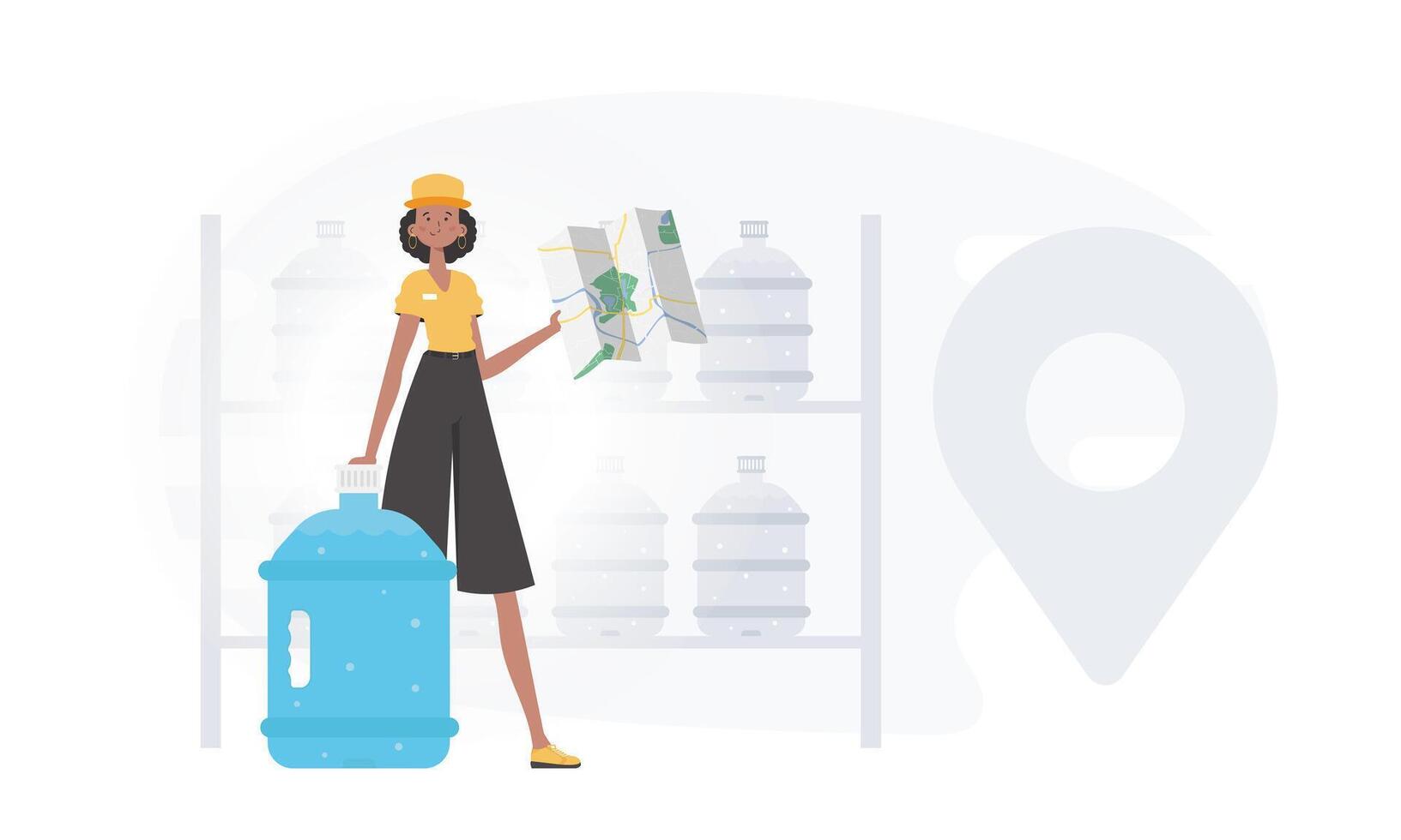 Water delivery concept. The girl is holding a map. The character is depicted in full growth. . vector