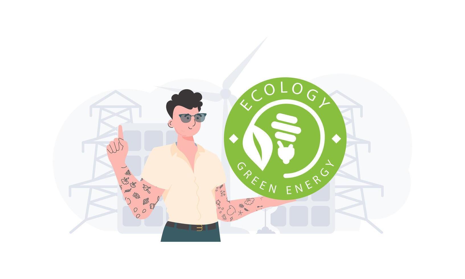 The concept of ecology and green energy. The guy holds the ECO logo in his hands. Fashionable, trendy style. . vector