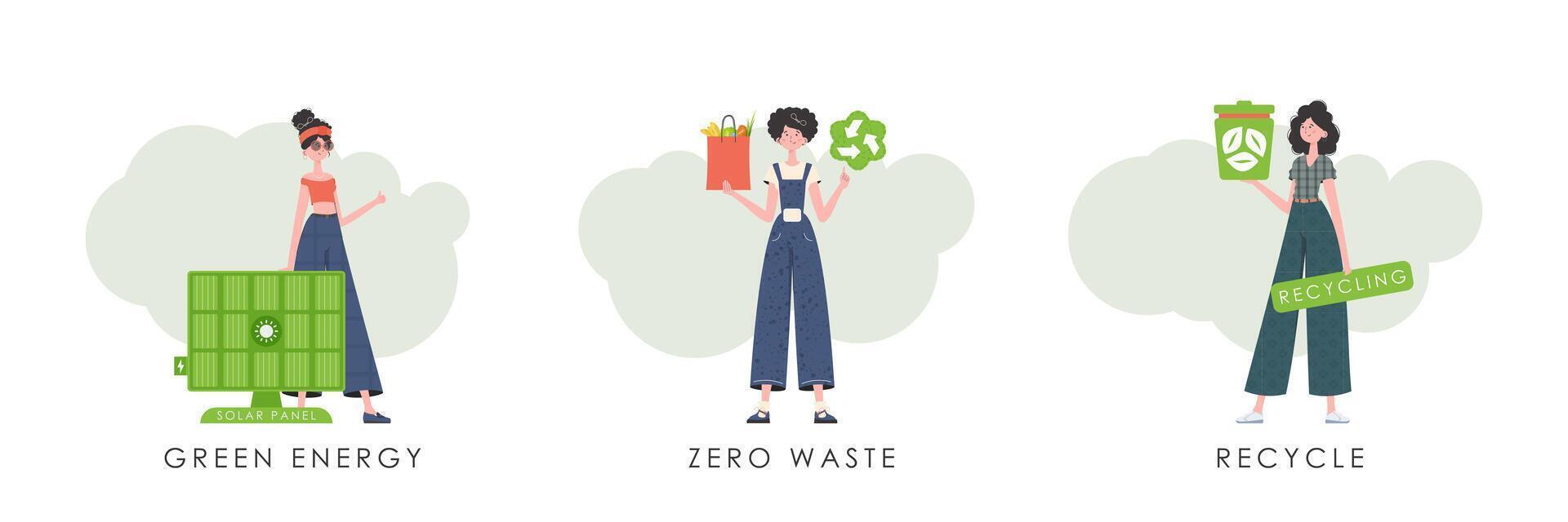 Set of women characters on the theme of ecology. Flat style. Illustration in vector. vector