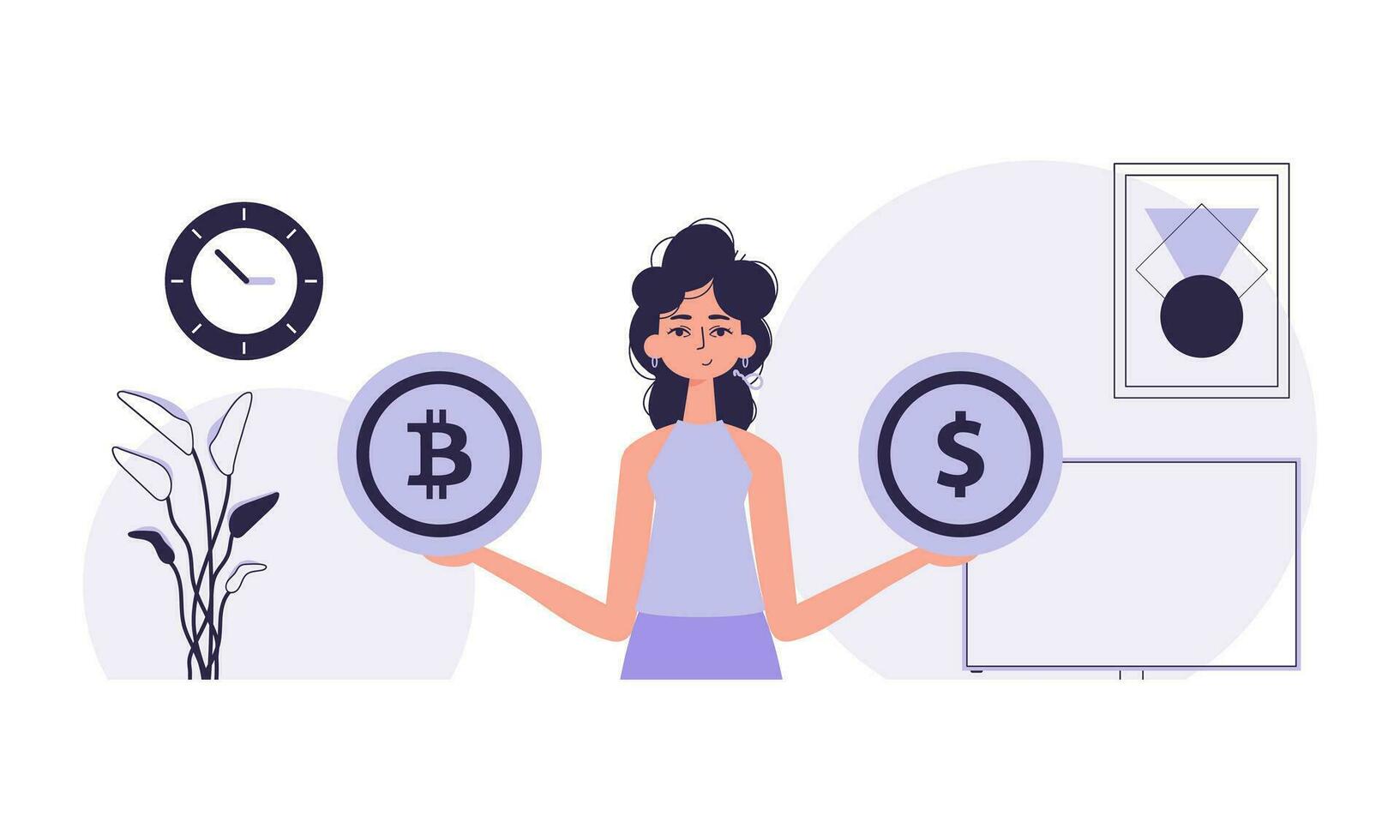 el concepto de minería y extracción de bitcoin un mujer sostiene un bitcoin y un dólar en su manos. personaje en de moda estilo. vector