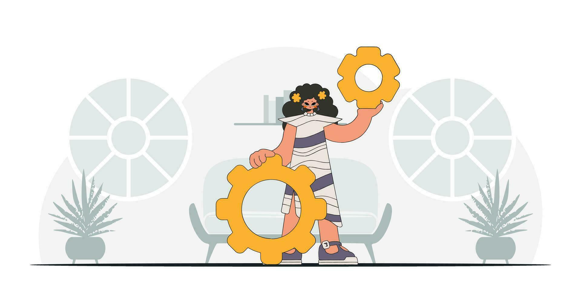 Fashionable woman holding gears in her hands. Illustration on the theme of the appearance of an idea. vector