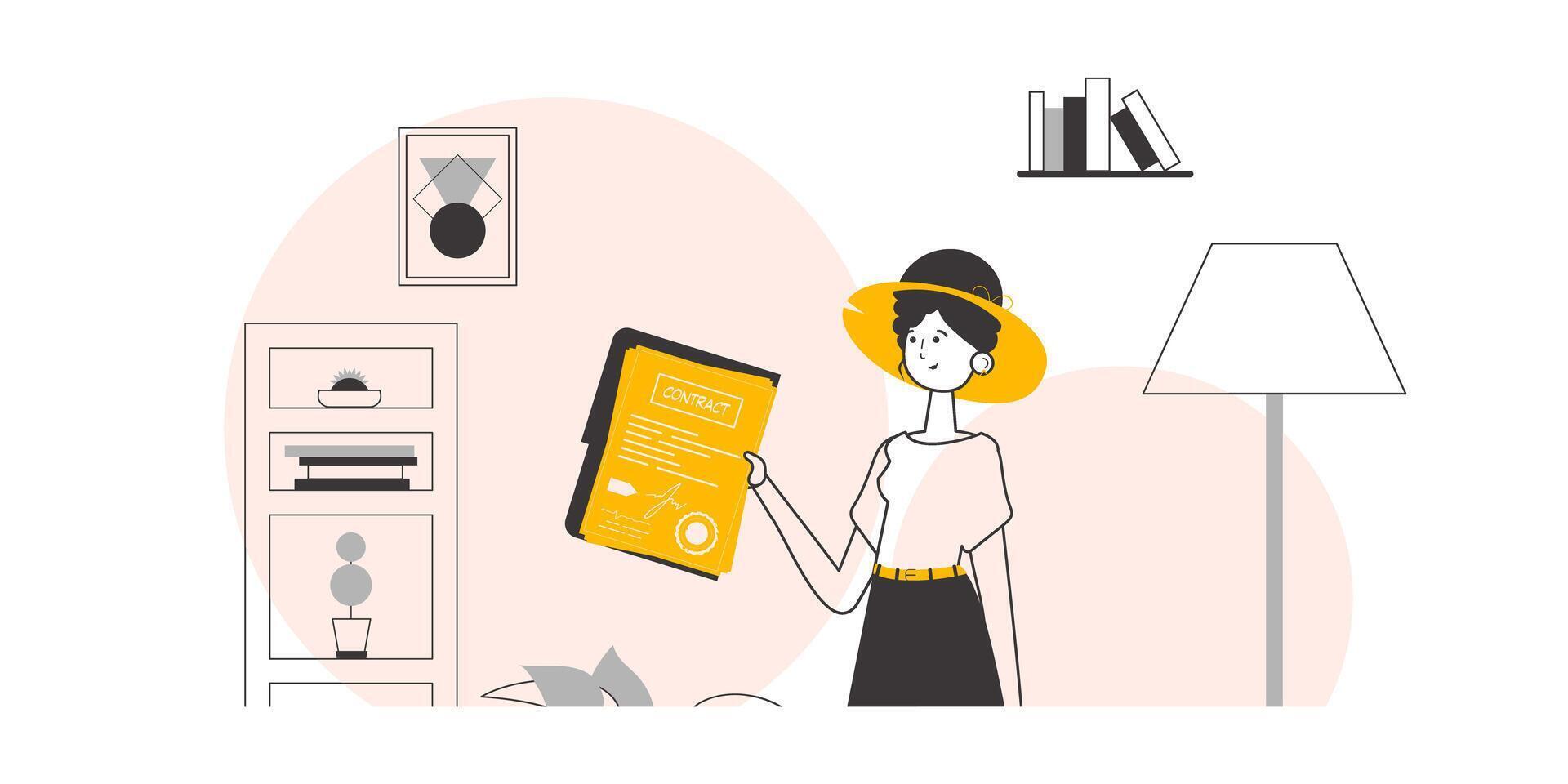 The girl is holding a contract in her hands. Modern linear style. illustration. vector