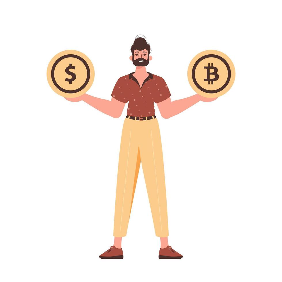 A man holds a bitcoin and a dollar in his hands. Character with a modern style. vector