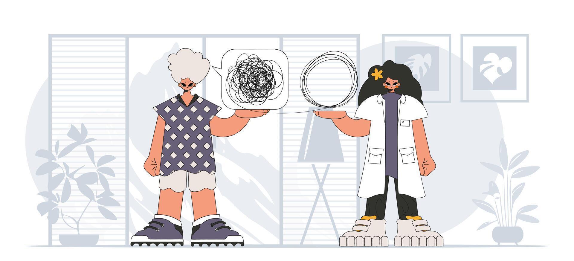Topic Help A person consumed by a sense of hopelessness and despair. The psychologist unpacks a tangle of thoughts. The patient shows that he is lost in the depths of his own mind. vector
