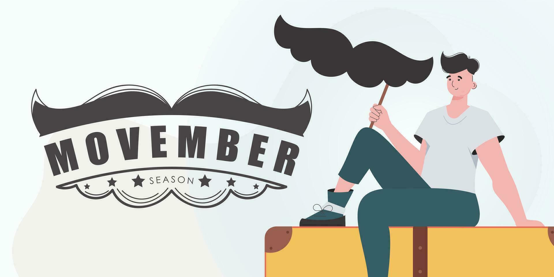 Movember banner. The guy is holding his mustache on a stick. trendy style. Vector illustration.