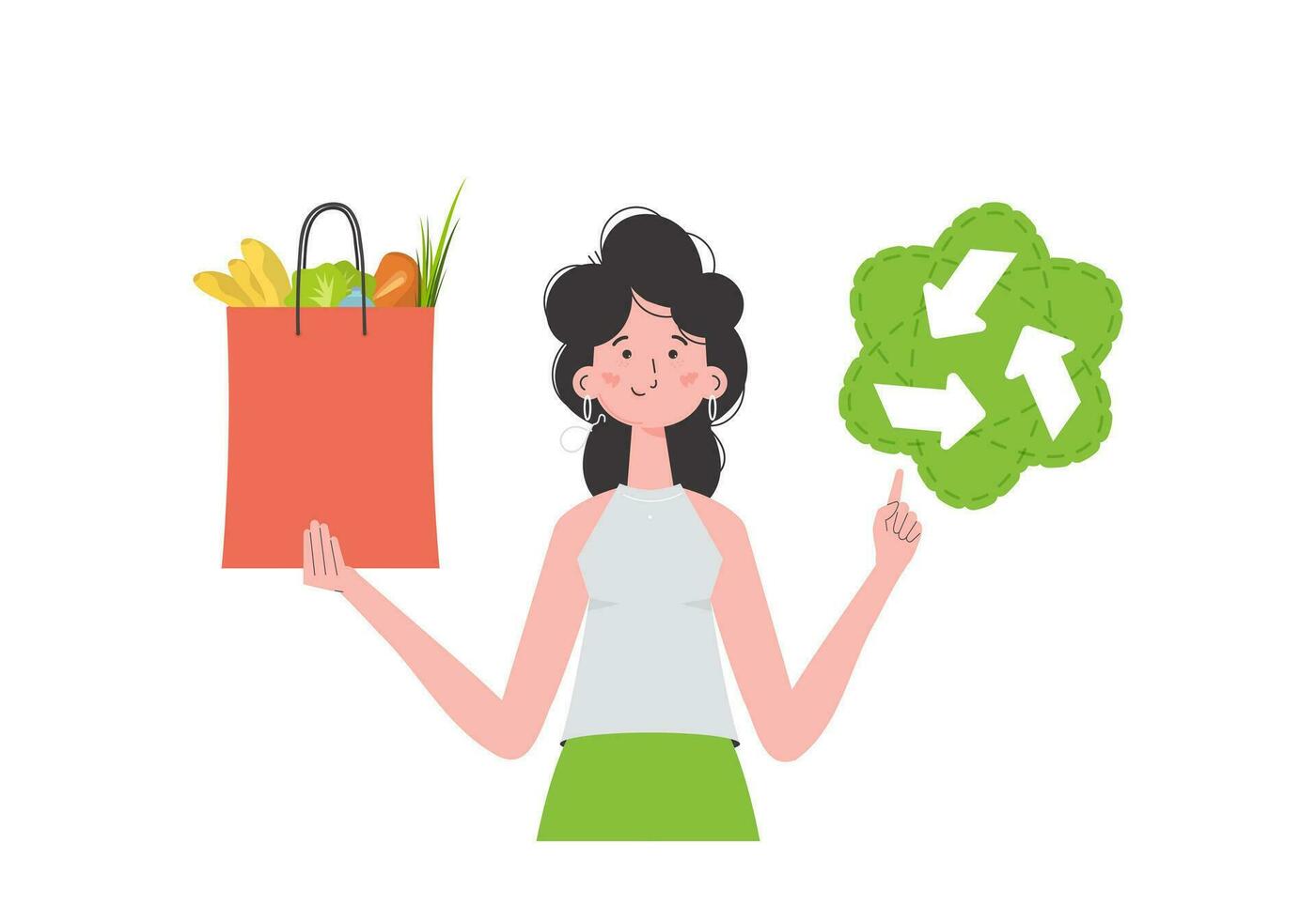 The woman is shown waist-deep and holding a bag of healthy food in her hands and showing the EKO icon. Isolated. Trend vector illustration.