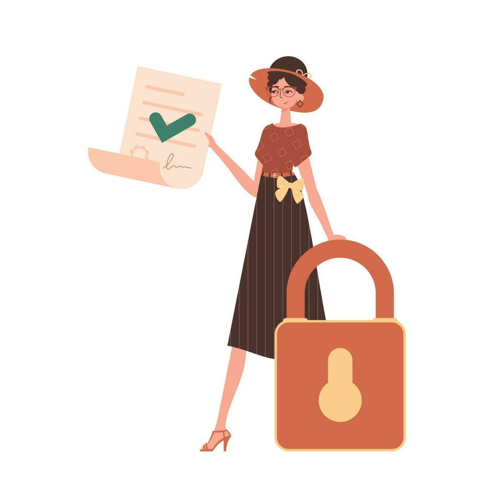 The woman is holding a document in her hand. Smart contract concept. Data protection. Trend style character. vector