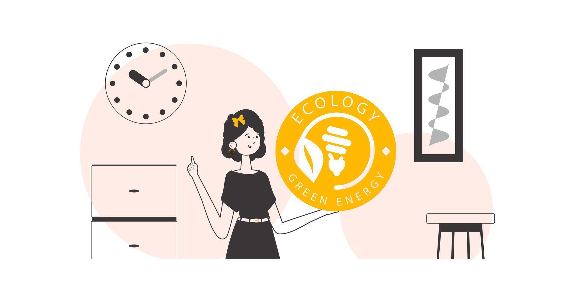 The girl holds the green energy logo in her hand. Linear style. vector