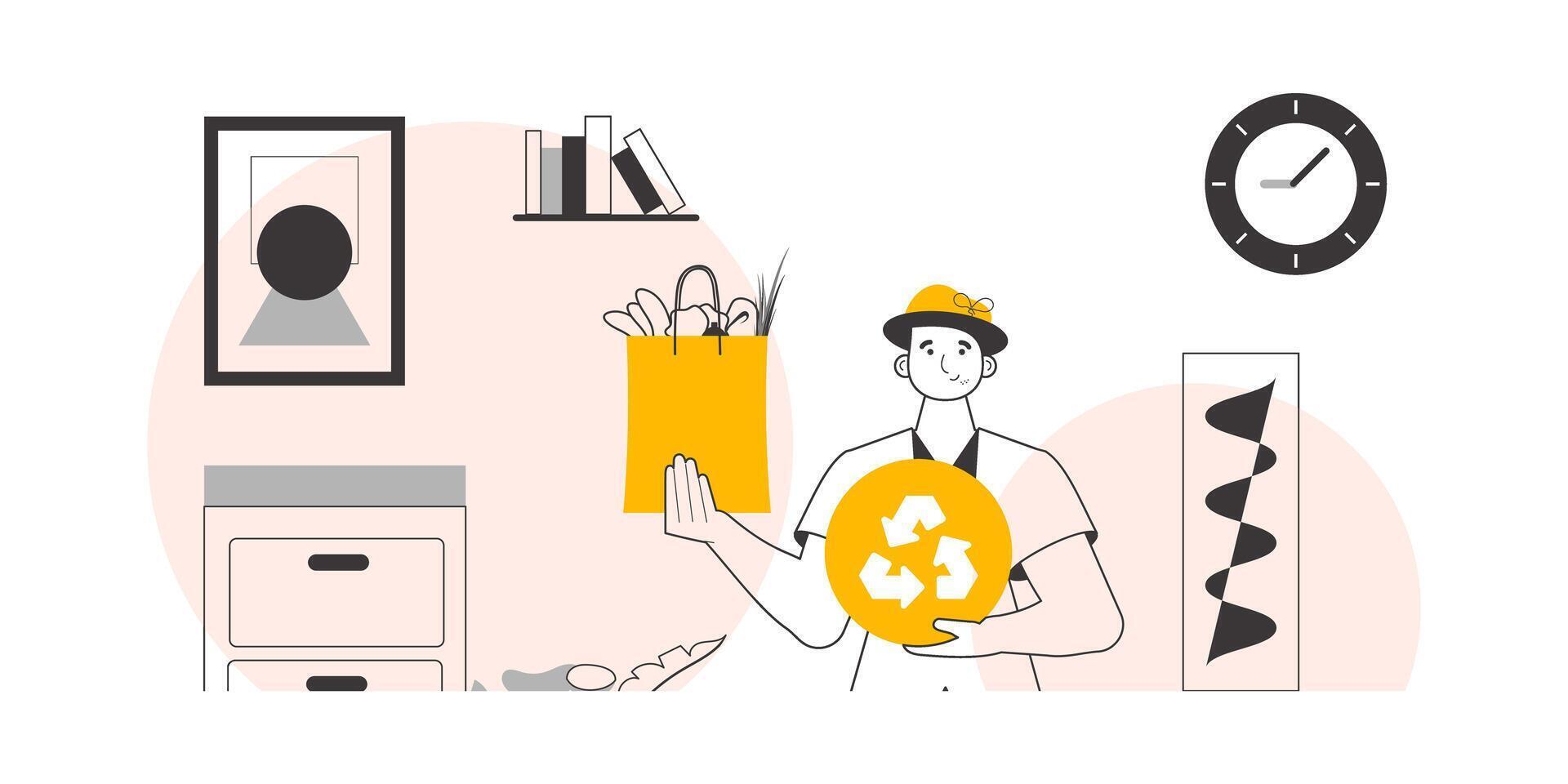 The concept of reasonable consumption. Guy, package with groceries and eco logo. Linear trendy style. vector