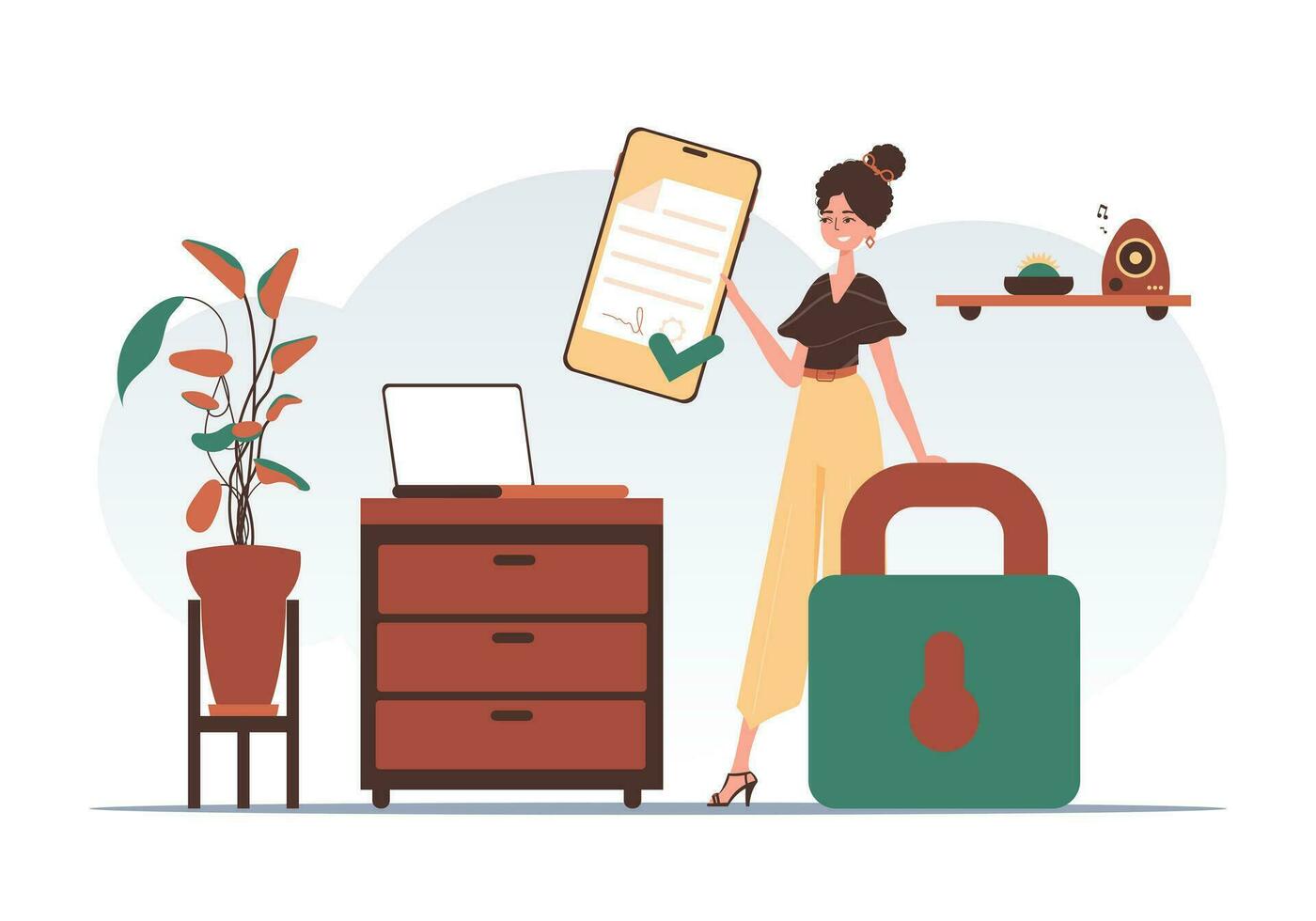 Data protection concept. Smart contract. The woman is holding a contract in her hand. Trend style character. vector