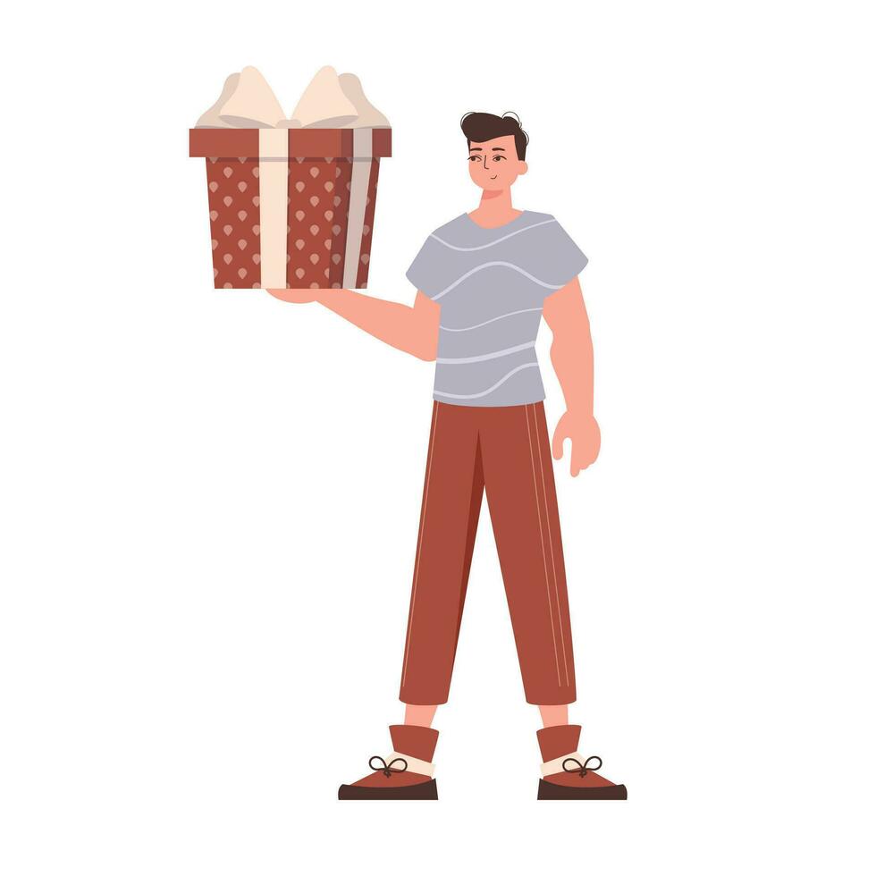 A man holds a gift box in his hands. Modern character style. vector