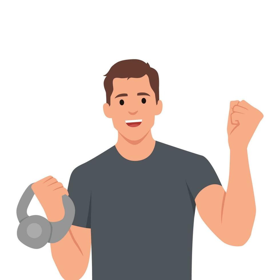 Athletic male lifting kettlebell demonstrate power. vector