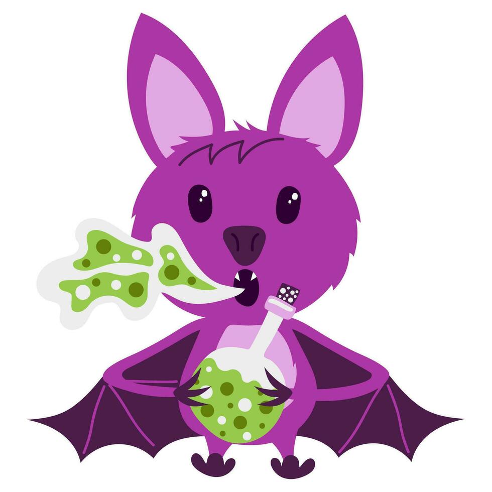Happy Halloween sticker with Cute bat with a bottle of potion in his paws vector