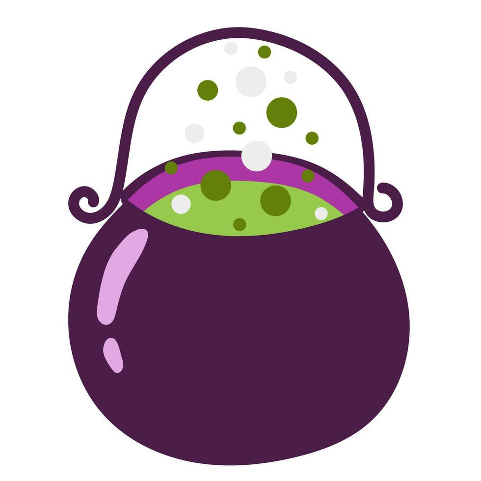 Witchs cauldron with green potion. Boiling Brew. Happy Halloween sticker. vector