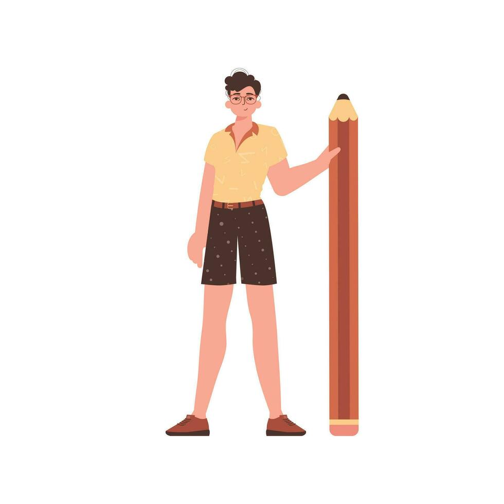 The man is holding a large pencil. Modern style character. vector