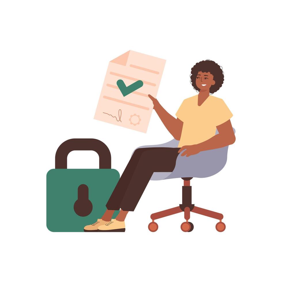 The man sits in a chair and holds a document in her hands. Data protection. Trend style character. vector