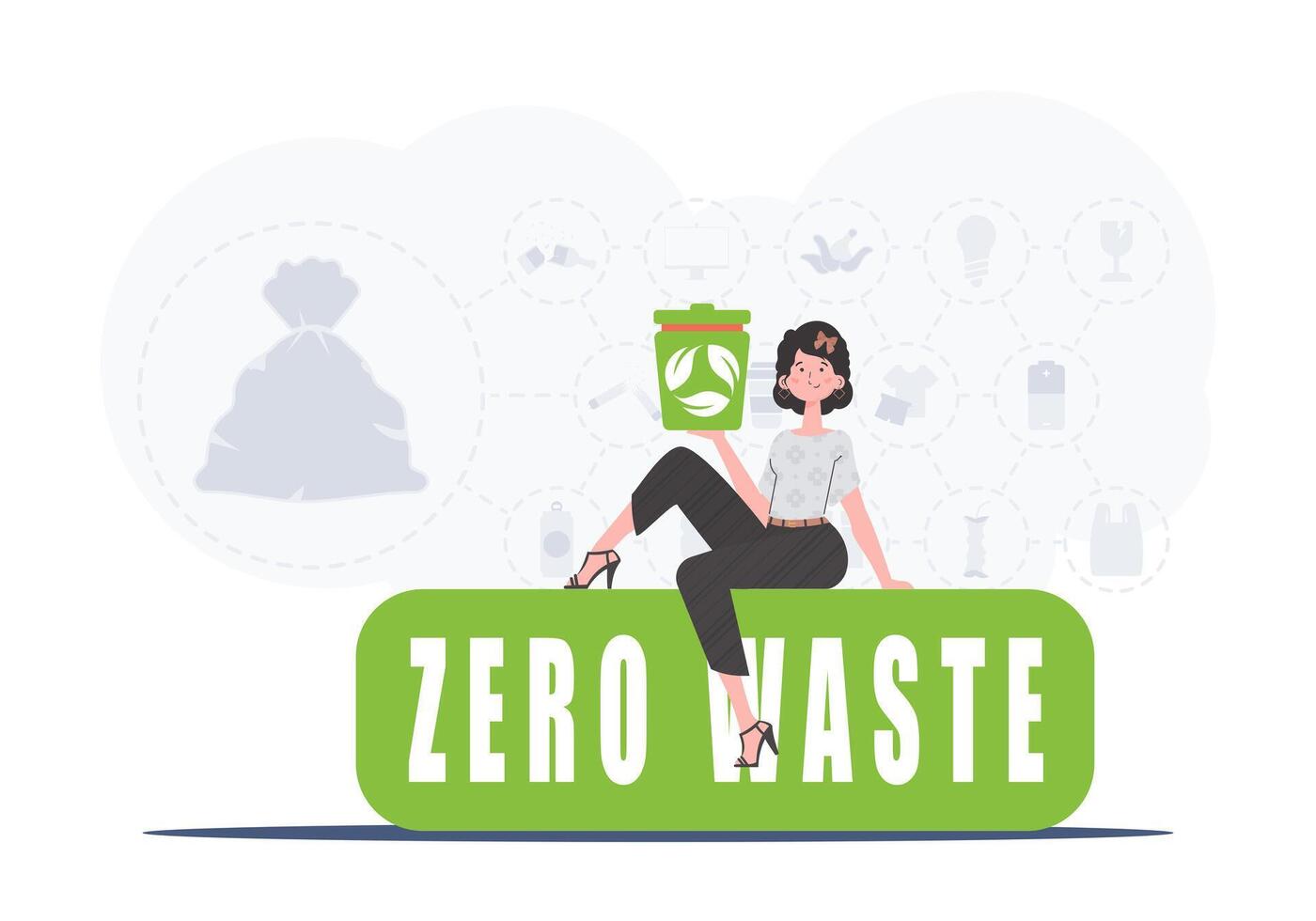 The girl sits and holds an urn in her hands. The concept of recycling and zero waste. Trendy character style. Vetcor. vector