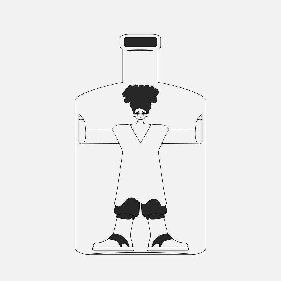 Alcohol addiction. charming man is in the bottle. Newspaper black and white style. vector