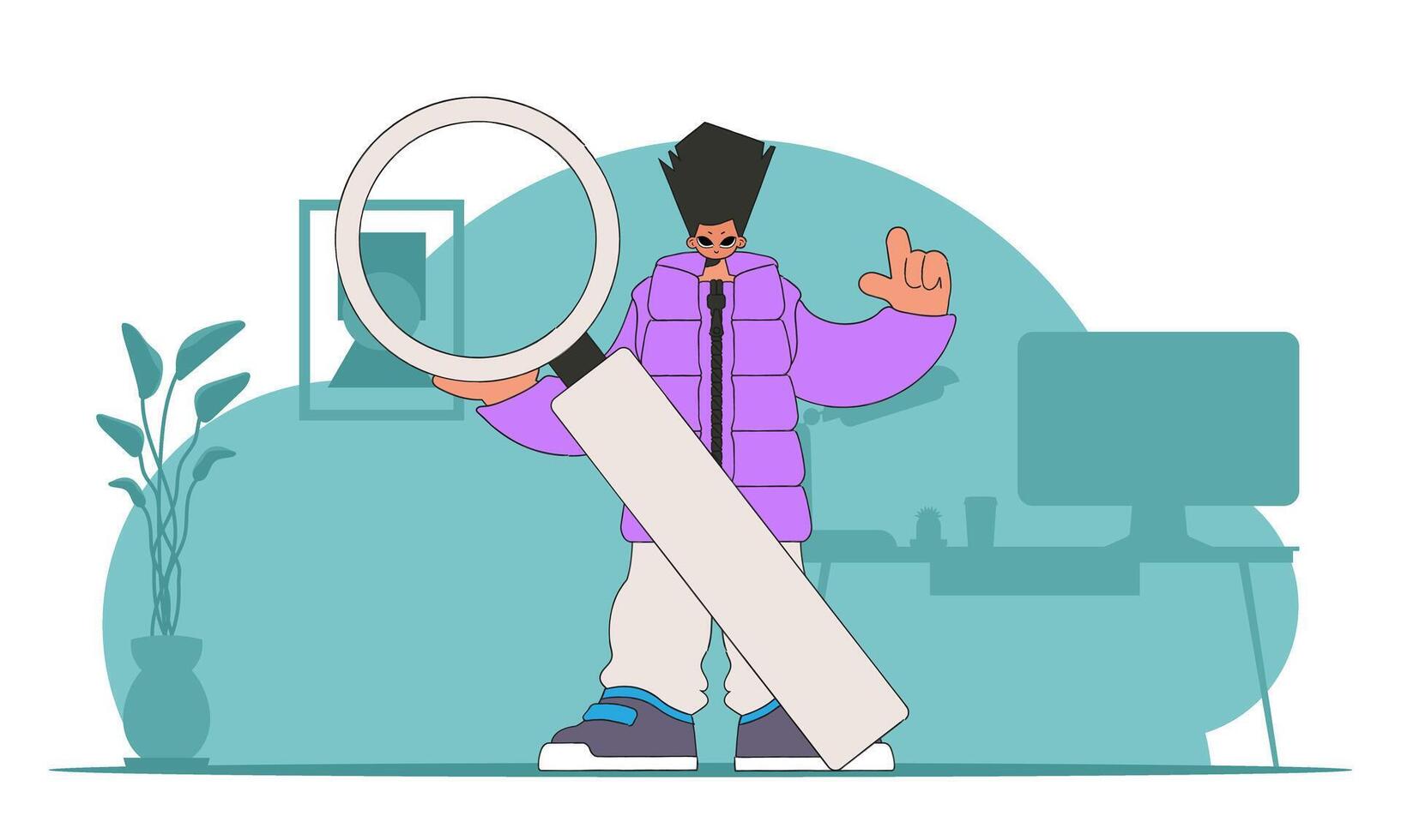 The concept of searching for information. The guy is holding a magnifying glass in his hands. Retro style character. vector