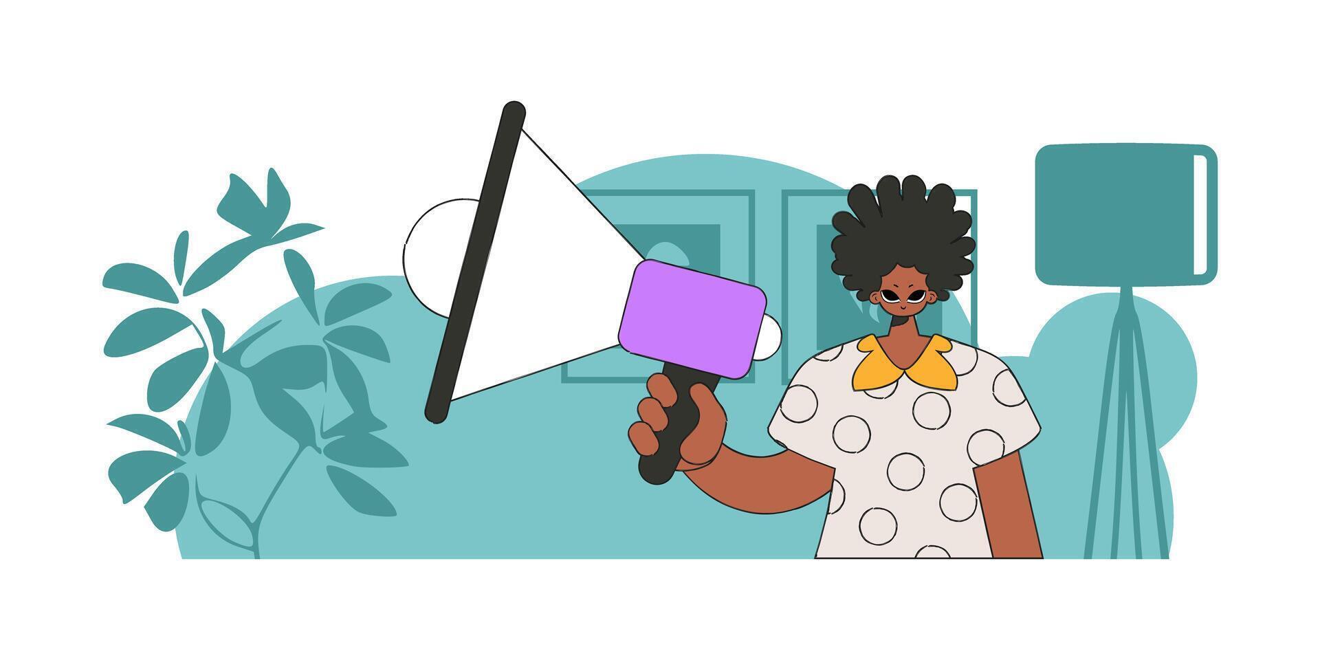 The concept of personnel search. A guy with a megaphone, symbolizing the search for people in the labor market. vector