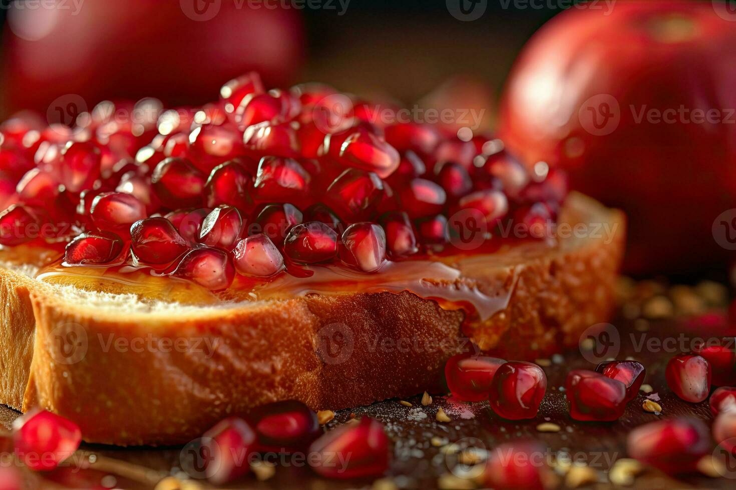 Pomegranate toast, macro shot of a fresh breakfast with Dripping Honey, AI Generated photo