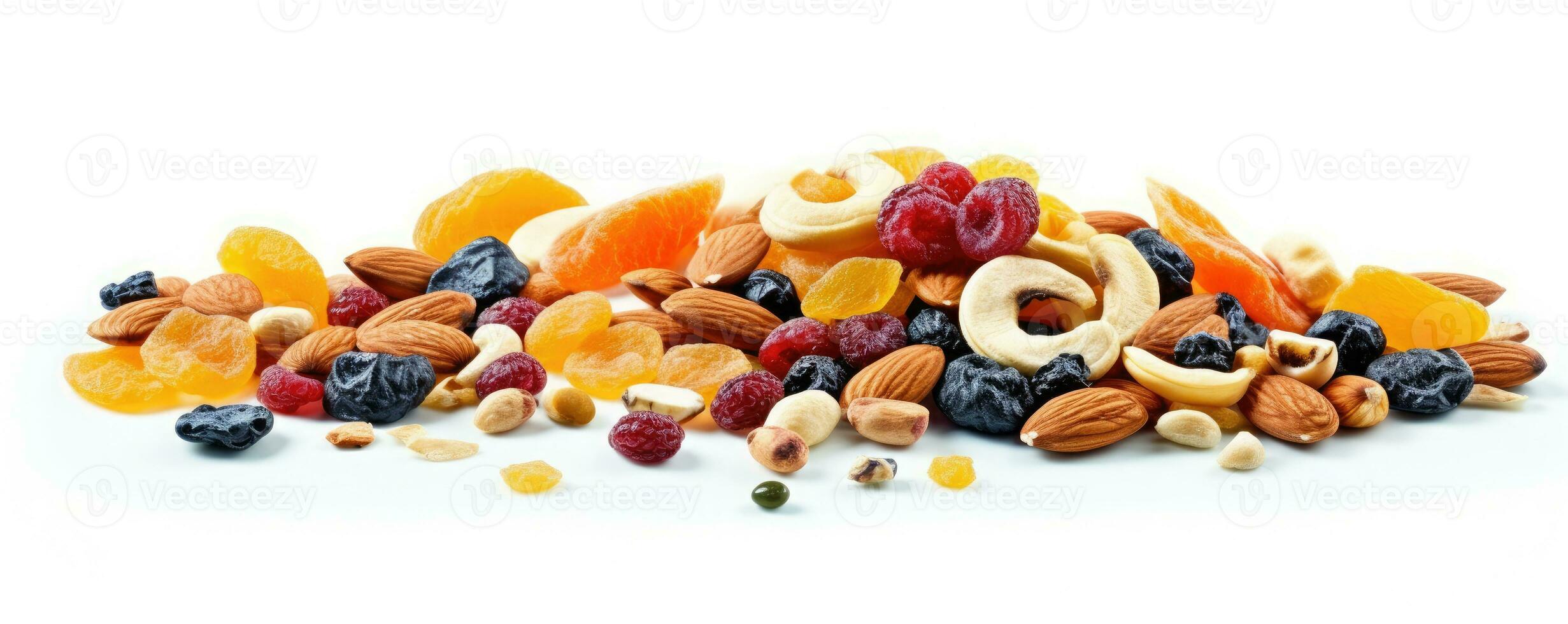 Footer of mix dry fruit on white background, AI Generated photo