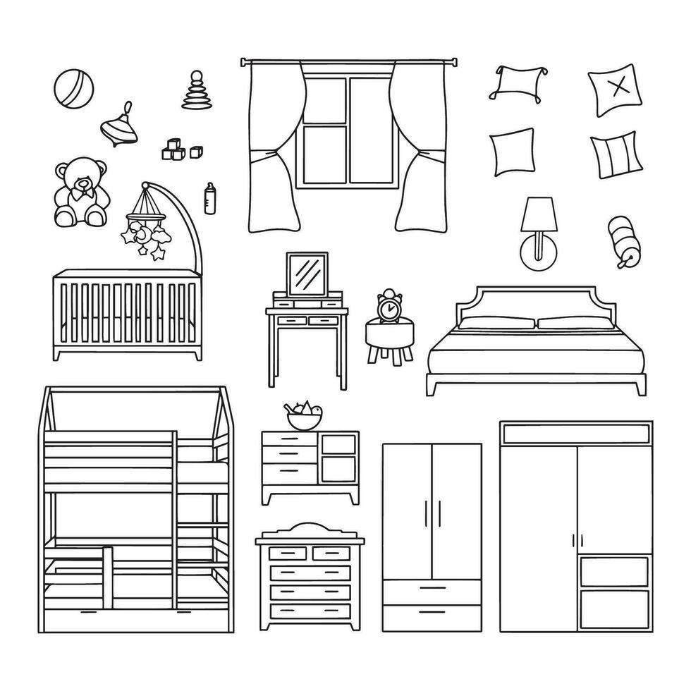 Vector set of hand drawn and isolated doodles of furniture and decorative elements. Sketches for use in design. Vector illustration