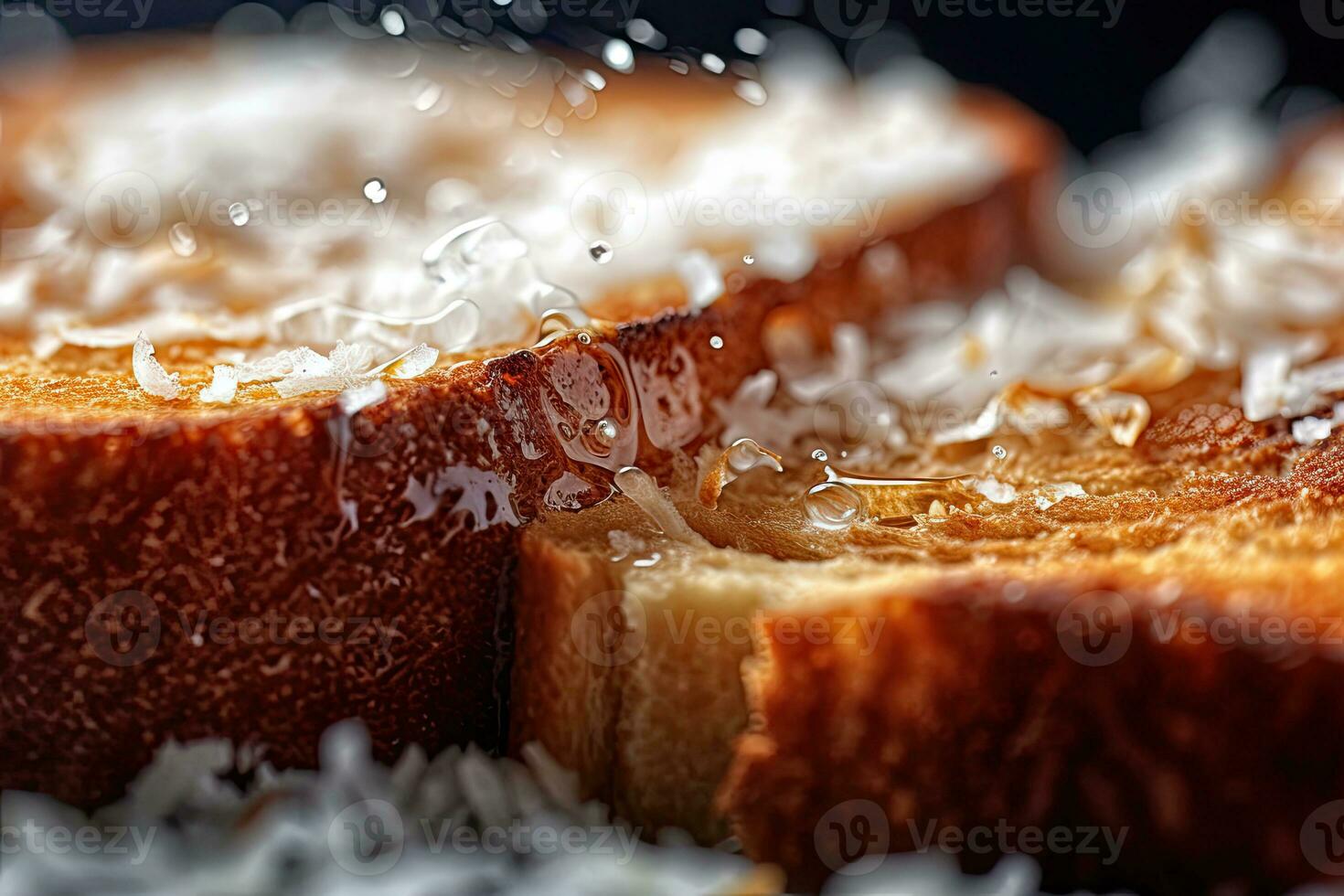 Coconut toast, macro shot of a fresh breakfast with Dripping Honey, AI Generated photo